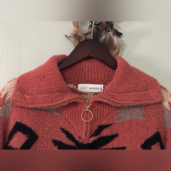 Wanna B Coral Aztec Mock Neck 3/4 Zip Pullover Sweater Women’s Size L Cozy Fall - Picture 7 of 12